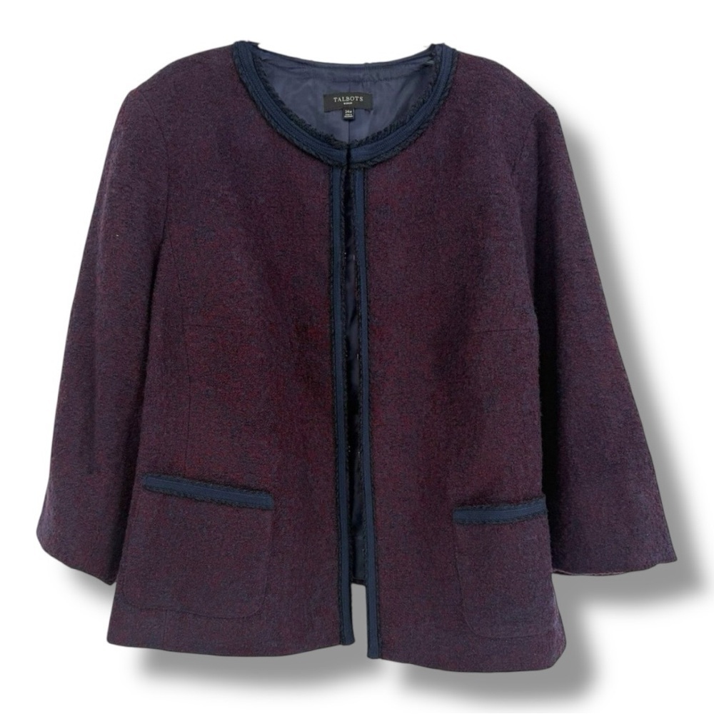 💜 Talbots Bouclé Tweed Jacket with Trim – Size 12P New - Picture 2 of 7